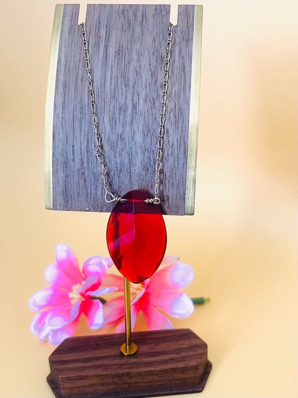 Red faceted Oval glass Pendant - gold filled necklace